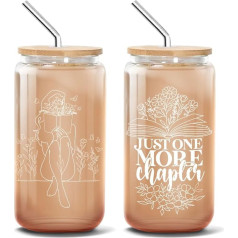POTINAL Just One More Chapter, Book Gifts, Glass Mug, 16 Ounce, with Lid and Straw, Just One More Chapter Decorations, Glass Mug, Floral Pattern, Smoothie, Book, Coffee, Glass Mug, Women