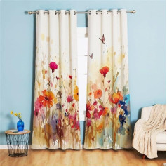 ZBOOM Flower Curtains, Colourful Watercolour Flower with Eyelets, Curtains with Opaque, Thermal Curtain, Cold Protection, Blackout Curtain, Girls' Room Blackout Window, Pack of 2, H 210 x W 132 cm