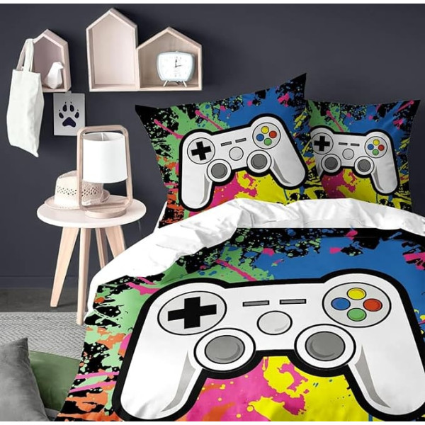 Yasida Gaming Bed Linen, Black Microfibre Children's Bed Linen, 135 x 200 cm, Boys with Eye-catching Colours, for Boys, Teenagers, Gam Bed Linen, 135 x 200 cm, with Zip and 1 Pillowcase