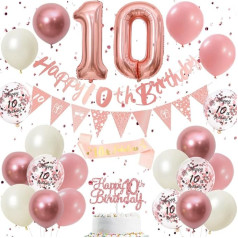 10 Geburtstag Dekorationen Retro Rosa Roségold - Doppelstellige 10th Party Supplies Set für Frauen & Mädchen, Geburtstagsbanner, Wimpel Flaggen, Cake Topper, Ballon Sortiment (10th Pink Birthday Set)