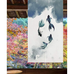LIGICKY Traditional Chinese Style Curtain, Ink Painting, Thick Noren Long Curtain, Door Curtain, Room Divider, Tapestry for Home Textiles, 85 x 120 cm, White and Ink Colour (Fish)