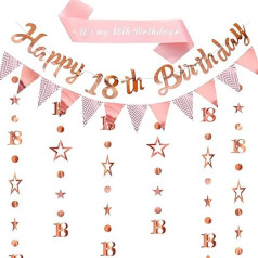 Happy 18th Birthday Banner Dekoration - Rose Gold Geburtstag Schärpe Banner Dekorationen Set für Mädchen Frauen, Glitzer Dreieck Girlande Stern Hängend für 18 Jahre Alt Party Supplies
