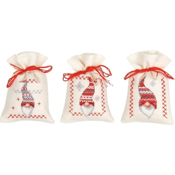 Vervaco Counted Cross Stitch: Pot-Pourri Bag: Christmas Elves (Set of 3), COTTON NA, 8 x 12cm