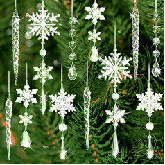 12 Pieces Crystal Christmas Ornaments for Tree Ornaments, HAYHOI Acrylic Snowflake & Icicle & Ribbons for Winter Wonderland Santa Claus Hanging Ornament for Christmas, New Year, Party,