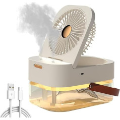 Justup Table Fan, 3 in 1 - USB Fan with Humidifier and Night Light, 1200 mAh Battery, 3 Speed Small Fan, 2.5 L Desktop USB Charging Humidifier for Office and Small Room (White)