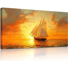 MHARTK66 Sailing Boat on the Sea Canvas Pictures, 50 x 100 cm Large Wall Pictures Living Room Landscape Picture Aesthetic Golden Wall Decoration Art Print Bedroom Dining Room Hallway Office Kitchen