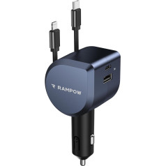 100W Zigarettenanzünder USB C, RAMPOW 4in1 Einziehbares Auto Ladegerät, 65W USB-C Schnellladung, BMW Accessoires Car Auto Zubehör Innenraum mit MacBook Pro, iPhone 16 e/15, Samsung, iPad-Mineralfarbe