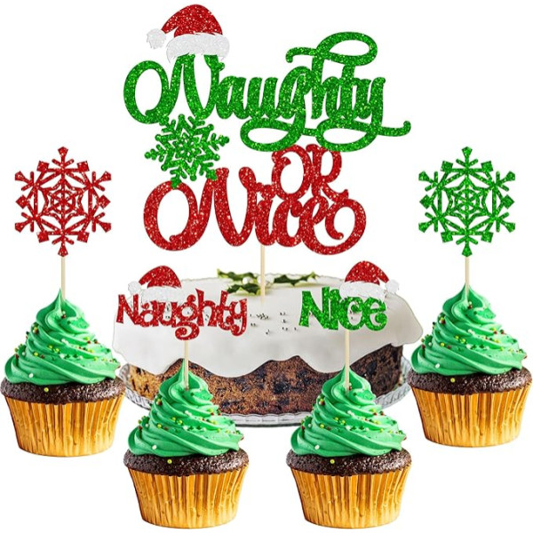 Gyufise 25 Stück Weihnachts-Cupcake-Topper, rot, grün, Glitzer, frech oder schön, Kuchendekoration für Frohe Weihnachten, Geburtstag, Babyparty, Party, Happy New Year Kuchendekorationen Supplies