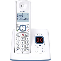 Alcatel F530 Voice Cordless Phone with Answering Machine, Call Block, Hands-Free Kit and Two Direct Memories, White/Blue