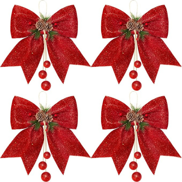 Waline 4 Red Christmas Wreaths Bows - 9.8 x 11.8 Inch Glitter Sequin Bows for Christmas Decoration