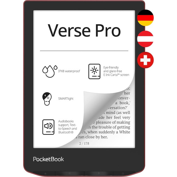 Pocketbook Verse Pro E-Reader, 6'' E-Ink HD Touch, 16 GB, Bluetooth, Waterproof, Red - DE/at/CH Version