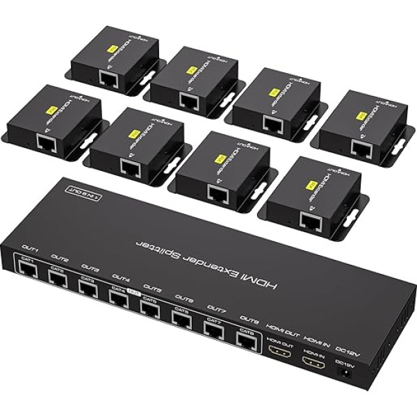 VEDINDUST HDMI Extender Splitter 1 in 8 Out Up to 50 m 165 ft via Cat6/7 Ethernet Adapter with 1 HDMI Loop Out, Supports EDID Replication 1080P60Hz POC