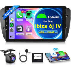 4G + 64G Wireless Carplay Android 13 Car Radio 2 DIN for Seat Ibiza 6j IV 2009-2014 9 Inch Car Radio with Android Car Navigation GPS WiFi Mirror Link Bluetooth FM/RDS Radio 32 EQ/SWC Rear View Camera