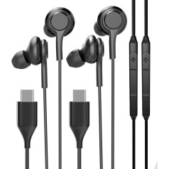 USB C Headphones with Microphone (2-Pack), Type C Cable, In-Ear Headphones Compatible with Samsung Galaxy S23, S22, S24, Ultra Noise Cancelling Android Phone Earbuds Pro Max Fold 5G Audio Accessories