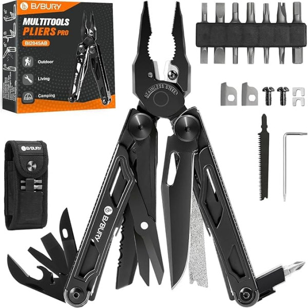 BIBURY Stainless Steel Multitool, 16 in 1 Multi Tool Foldable Pliers with Improved Scissors and Screwdriver, with Nylon Bag, Gift for Dad Men, Ideal for Outdoor, Hiking, DIY, Repairs