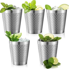 PORFOYO Pack of 5 Stainless Steel Mugs, 300 ml, Stainless Steel Cup, Double-Walled Insulated Metal, Shatterproof, Stackable Metal Cups, Camping Mug, Hammer Pattern Stainless Steel Mug, Coffee Mug for