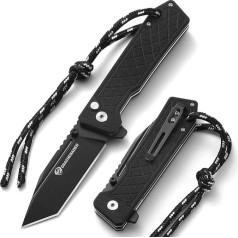 DRACHENADER One-Handed Knife with Button Lock, Tanto Blade, Pocket Knife IE-BR, 14C28N Steel, G10 Handle, Folding Knife with Clip, Nylon Bag for Camping, Solid Black
