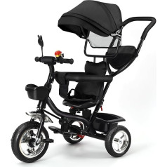 Tricycle 4-in-1, Toddler Tricycle with Adjustable Push Bar Steering System, Children's Tricycle with Parasol, Bell, Mirror, Comfortable Seat (Black)