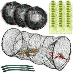 Angelköderfalle, 3 Stück, zusammenklappbare Krabbenfalle für Elritze, Krebse, Crawdad, Hummer, Garnelen, faltbares Angel-Wurfnetz mit 30 m Wurfseil, Ködertasche