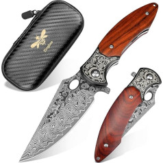 Zingbee Damask Pocket Knife, Folding Knife, High-Quality VG10 Damascus Steel Blade, EDC One-Handed Knife for Hiking, Camping, Collecting, Hunting, Yellow Sandalwood Wooden Handle