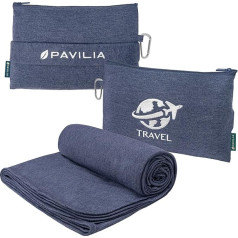 PAVILIA Travel Blanket Compact Packable Bag Soft Fleece Portable Throw Pillow Combo Set Airplane Car Travel Accessories Luggage Backpack Clip Navy 65