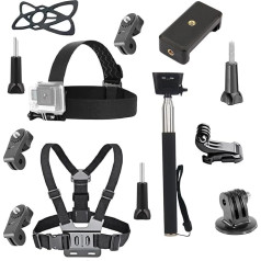 Universal Action Camera Accessory Kit, Head Strap Mount, Chest Harness, Selfie Stick, Phone Mount Compatible with GoPro Hero 12 11 10 9 8 Insta360 One Cameras and Phones