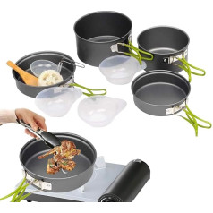 Camping Kochgeschirr Set - Miniküche Picknick - Stapelbare Antihaft Töpfe Pfannen mit Griff für Camping Reisen Wandern Outdoor Aktivitäten
