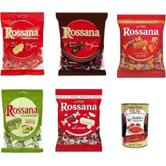 Rossana Test Pack, Caramello Salato - Cocco - Cioccolato - Original - Pistacchio Candies Candy Lollies Hard Sweets with Creamy Filling 5 Packs Sweets + Italian Gourmet Polpa4 00g