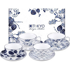 TOKYO design studio Flora Japonica Cup and Saucer Gift Set, 4 High Quality Porcelain Tea Cups and 4 Matching Saucers, Decorative Gift Box, Microwave and Dishwasher Safe
