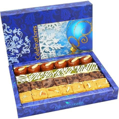 Ghasitaram Gifts Indian Sweets - Diwali Gifts Sweets - Assorted Box of Kaju Chocolate Barfi, Mango Bite, Mathura Diya and Besan Barfi 800 GMS