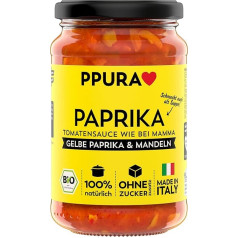 PPURA Tomato Sauce Pepper 340 g - Fruity Organic Tomato Sauce with Peppers & Almonds, Vegan Pasta Sauce with 100% Natural Ingredients, No Sugar & Additives, Traditionally Made - Made in Italy