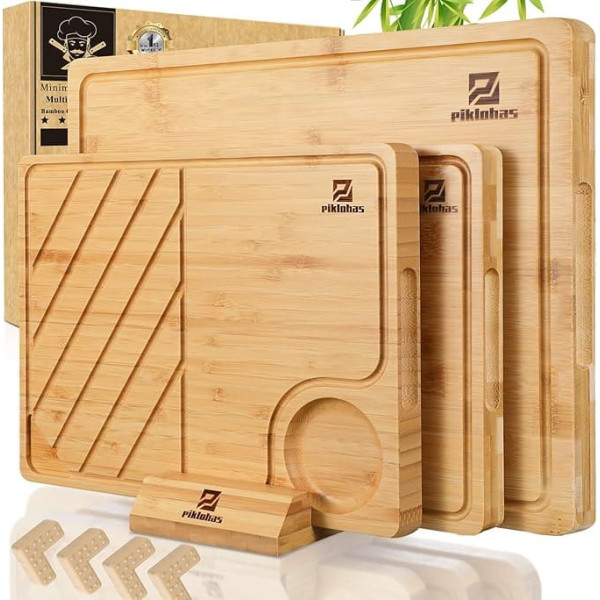 Piklohas 3-Piece Bamboo Chopping Board Set with Non-Slip Holder, Cutting Board as Kitchen Board, Better Than Wooden Chopping Board for Kitchen, Cheese or Fruit with Gift Box