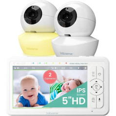 Babysense Baby Monitor HD 5 Inch with 2 Cameras, Video Baby Monitor without WiFi, Night Light, Lullabies, 300 m Range, Two-Way Audio, 4x Zoom, 4000 mAh Battery