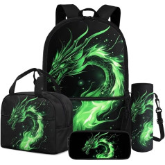 Dngkaoje 4-in-1 Kinder-Schulrucksack-Set mit isolierter Lunchtasche, Federmäppchen, Wasserflaschen-Hülle, Abstrakter grüner Drache