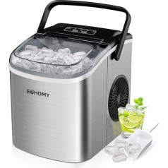 EUHOMY Ice Cube Maker 12kg/24h, 9 Cubes in 6 Minutes Self-Cleaning Ice Maker with Handle, Shovel, Basket, Stainless Steel, 45dB, Silver