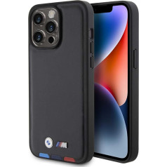 BMW BMHCP15S22PTDK Case for iPhone 15 6.1 Inch Black Leather Stamp Tricolour