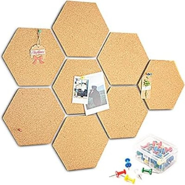 HENMI Pack of 8 Cork Pin Boards, Self-Adhesive Pin Board, DIY Wall Decoration, Multifunctional Round Cork Board with Wavy Edges for Photo Hanging, Office Announcement, Drawing Patterns – with 40 Colourful Pins