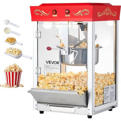 VEVOR Popcorn Maker with Stainless Steel Kettle, 800W Commercial Popcorn Maker, 48 Cups Per Load, Cinema Style, with 2 Button Operation, Glass Wall, PC Door, 1 Scoop, 3 Spoons, Red
