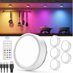 Dimmable RGB LED Spot Battery – 2400 mAh USB Rechargeable Colour Changing Display Cabinet Lighting, LED Spot Battery with Remote Control and Timer Round Under-Unit Light Kitchen Without Cable Magnetic