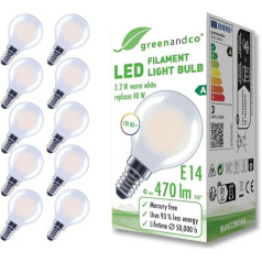 greenandco 10x Filament LED Light Bulb, Matt, E14 G45, 2.2 W, 470 lm, Replaces 40 W, 2700 K Warm White, 320°, 230 V, Flicker-Free, Energy Efficiency Class A, Not Dimmable