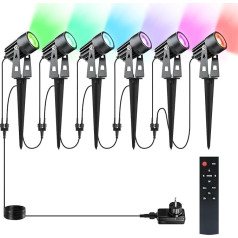 Lam(MS)pen Set of 6 LED Garden Lights RGBW COB with Remote Control Timer, LED Garden Light RGB + Warm White 3000 K with Ground Spike IP65 Waterproof 12 V 20 W Aluminium Garden Lamp for Outdoor Garden