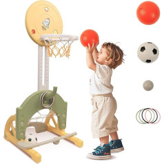 hoopyosms 4-in-1 Children's Basketball Hoop Set, Height-Adjustable Basketball Stand with Football Goal, Golf Game and Ring Throw, Mini Basketball Hoop, Children's Play Equipment for Indoor and Outdoor