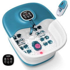 Foot bubble bath with massage and heating function, foldable foot massager, remote control, heat function, foot reflex zones massage, timer, foot bath with 16 Shiatsu rollers (blue)