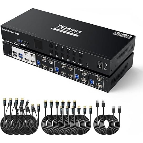 TESmart USB 3.0 MST HDMI+DP KVM Switch 4 Monitors 4 PC, 4K @ 60Hz Quad Monitor KVM Switches with EDID Emulators, Docking Station with Audio & Microphone, 4 USB 3.0 for Keyboards, Mice Printers and U