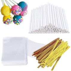 300 Pieces Cake Pop Sticks and Wrappers Kit, Including 100 Pieces 6 Inch Paper Lollipop Sticks, 100ct Clear Candy Bags Package, 100K Gold Twist Ties for Cake Pop, Lollipop, Hard