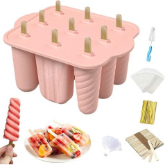 MARUKO Eisformen Eis am Stiel, 9 Hohlräume Eisformen Silikon mit 50 Stäbchen, 50 Beuteln, 50 Kabelbindern, Pinsel und Trichter (Rosa), Popsicle Mould with 50pcs Wooden Sticks, Ice Lolly Moulds