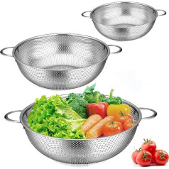 Herogo Set of 3 Stainless Steel Kitchen Strainer with Handles, Micro-Perforated Colander, Metal Kitchen Strainer for Drain & Straining Pasta, Rice, Fruit, Vegetables, Dishwasher Safe, 16 cm/22 cm/28