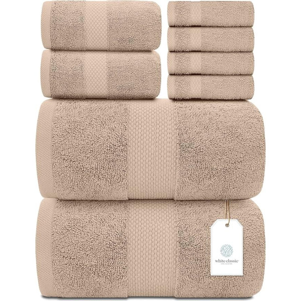 White Classic Luxury Bath Towel Set 8 Pieces 100% Turkish Cotton Highly Absorbent Towels for Bathroom 2 Luxury Bath Towels 700gsm 2 Hand Towels 4 Washcloths Taupe