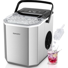 EUHOMY Ice Cube Maker 9 Ice Cubes in 6 Minutes Bullet Format 2 Ice Cube Sizes Stainless Steel Worktop Capacity 12kg/day Silver for Home Kitchen Office