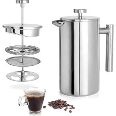 Französische Presse aus Edelstahl, 1000 ml, Kaffeebereiter für 8 Tassen, doppelwandige Kaffeepresse mit 3-lagigem Filtersystem, französische Press-Kaffeemaschine für Zuhause und Büro, Cafés, Reisen